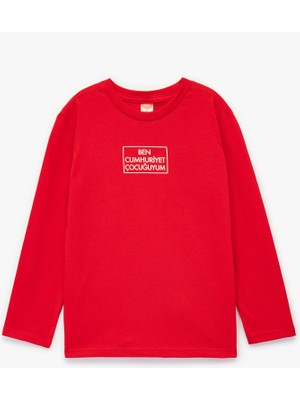 Pamuklu Uzun Kollu Bisiklet Yaka Cumhuriyet Baskılı Tişört