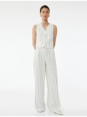 Pileli Çizgili Viskon Karışımlı Geniş Paça Pantolon