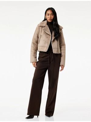 Koton Kruvaze Yaka Uzun Kollu Fermuarlı Cepli Suni Kürk Yaka Crop Suni Süet Ceket