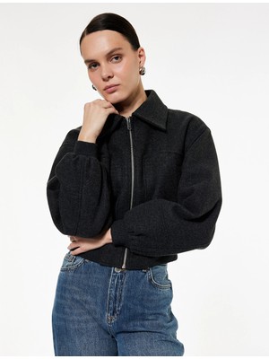 Koton Fermuarlı Uzun Kollu Crop Bomber Kaşe Ceket