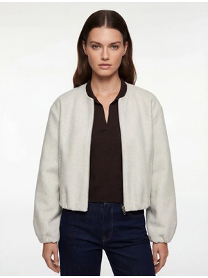 Koton Kaşe Bomber Ceket Crop Bisiklet Yaka Fermuarlı Cepli Uzun Kollu