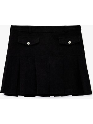 Koton Metal Aksesuarlı Cep Detaylı Kalın Piliseli Mini Etek