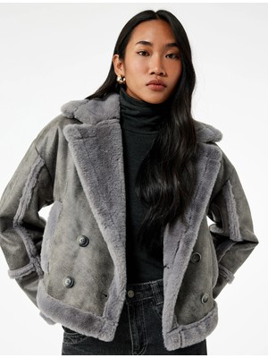 Koton Uzun Kollu Cepli Içi Suni Kürklü Kruvaze Süet Görünümlü Ceket