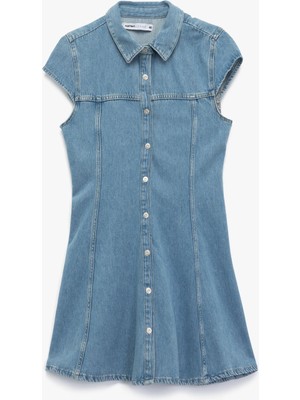 Kısa Kollu Düğmeli Gömlek Yaka Mini Denim Elbise