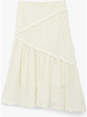 Dantel Detaylı Beli Lastikli Volanlı Midi Etek