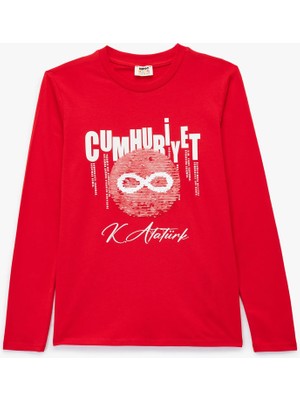 Pamuklu Uzun Kollu Pullu Payetli Cumhuriyet ve Atatür Imza Baskılı Tişört