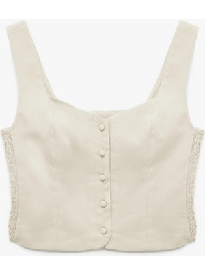 Gipeli Kare Yaka Düğmeli Kalın Askılı Keten Crop Bluz