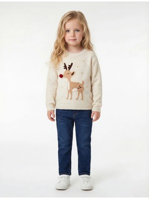 Koton Uzun Kollu Bisiklet Yaka Jakarlı Geyik Nakışlı Triko Kazak