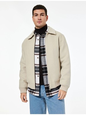 Koton Uzun Kollu Cepli Fermuarlı Gömlek Yaka Kışlık Kaşe Bomber Ceket