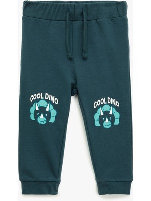 Pamuklu Dinozor Baskılı Beli Bağcıklı Şardonlu Jogger Eşofman Altı