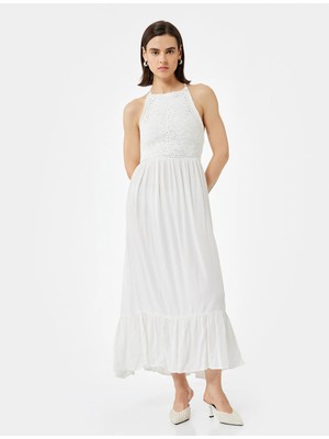 Viskon Krinkıl Kumaş Kroşe Detaylı Boyundan Bağlamalı Halter Yaka Uzun Elbise