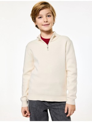 Yarım Fermuarlı Uzun Kollu Viskon Karışımlı Triko Kazak