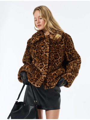 Koton Uzun Kollu Düğmeli Leopar Desenli Suni Kürk Mont