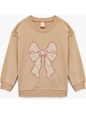 Koton Pamuklu Uzun Kollu Fiyonk Baskılı Bisiklet Yaka Sweatshirt