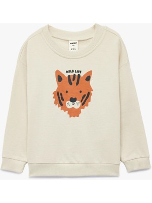 Pamuklu Uzun Kollu Bisiklet Yaka Kaplan Baskılı Sweatshirt