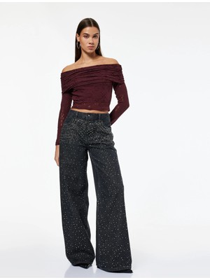 Koton Normal Bel Bol Paça Taşlı Jean Pantolon - Loose Straight Fit Jean