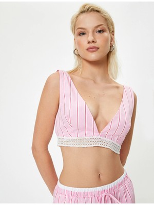 Koton Derin V Yaka Büstiyer Çizgili Dantel Detaylı Slim Fit