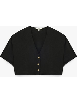 Bol Kalıp V Yaka Kısa Kollu Crop Gömlek