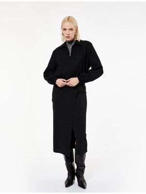 Uzun Kollu Klasik Yaka Fermuarlı Mevsimlik Ceket