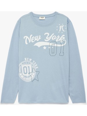 Bisiklet Yaka Pamuklu Baskılı Uzun Kollu Tişört