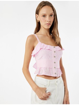 Koton Pamuklu Kolsuz Fırfırlı Yaka Düğmeli Brodeli Crop Bluz