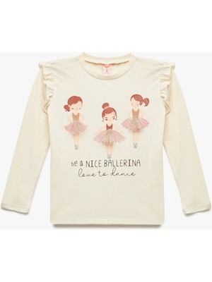 Balerin Baskılı Uzun Kollu Bisiklet Yaka Pamuklu Tişört