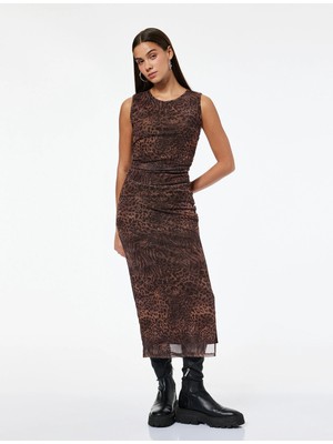 Koton Kolsuz Bisiklet Yaka Yırtmaçlı Drapeli Tül Midi Leopar Elbise