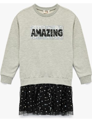 Şardonlu Uzun Kollu Bisiklet Yaka Tül Detaylı  Pullu Payetli Sweat Elbise