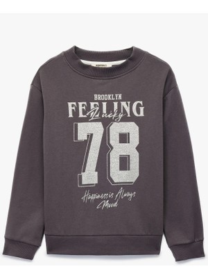 Pamuklu Uzun Kollu Bisiklet Yaka Baskılı Sweatshirt