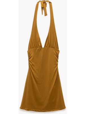 Koton Drape Detaylı Boyundan Bağlamalı Sırt Dekolteli Derin V Yaka Mini Elbise