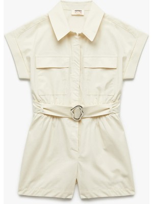 Cep ve Kemer Detaylı Pamuklu Gömlek Yaka Kısa Tulum