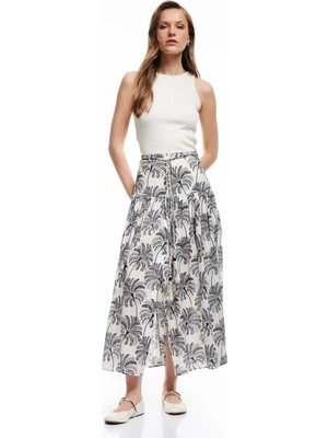 Koton Viskon Kumaş Pamuk Astarlı Beli Bağlamalı Floral Desenli Midi Kloş Etek