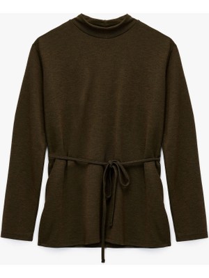 Koton Slim Fit Uzun Kollu Hafif Dik Yaka Kemerli Tişört