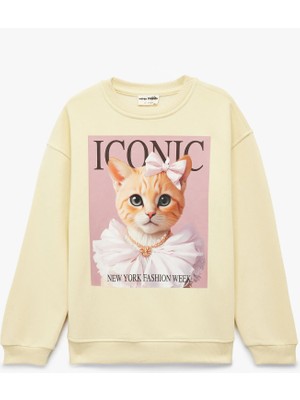 Koton Uzun Kollu Bisiklet Yaka Oversize Kedi Baskılı Sweatshirt