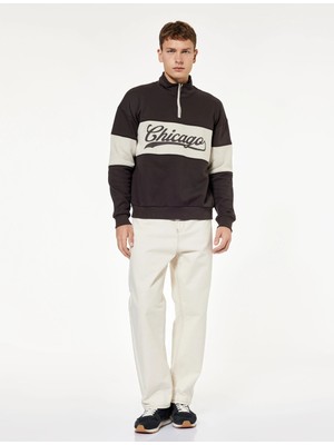 Uzun Kollu Baskılı Oversize Renk Bloklu Yarım Fermuarlı Sweatshirt