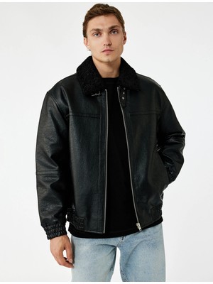 Koton Peluş Yaka Cep Detaylı Uzun Kollu Fermuarlı Suni Deri Ceket