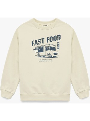 Şardonlu Uzun Kollu Bisiklet Yaka Pamuklu Baskılı Sweatshirt