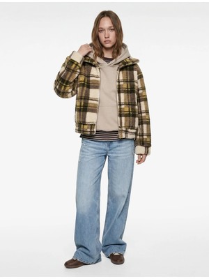 Koton Cepli Fermuarlı Uzun Kollu Rahat Kalıp Dik Yaka Ekoseli Peluş Hırka