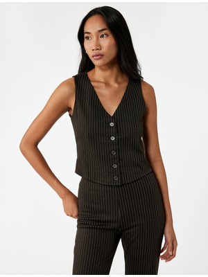 Slim Fit Düğmeli V Yaka Kolsuz Yelek