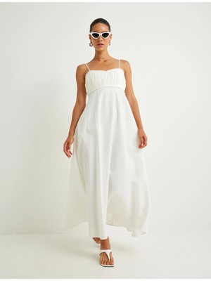 Koton Keten Karışımlı Uzun Elbise Ince Askılı Dokulu