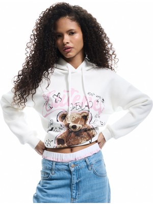 Koton Şardonlu Uzun Kollu Kapüşonlu Ekru Kadın Sweatshirt 6WAL10135IK