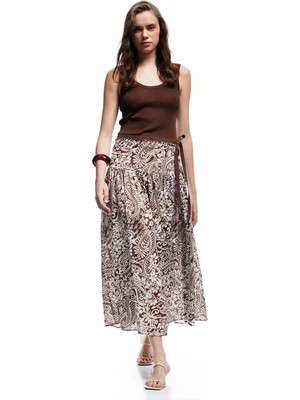 Koton Pamuklu Etnik Desenli Pileli Bağlama Detaylı Boncuklu Midi Boy Kloş Etek