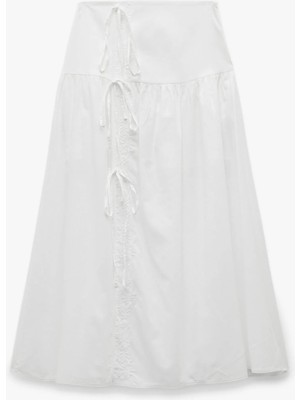 Koton Pamuklu Bağlama Detaylı Fiyonklu Çan Kesim Midi Kloş Etek