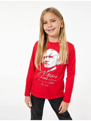 Pamuklu Uzun Kollu Bisiklet Yaka Atatürk Baskılı Tişört