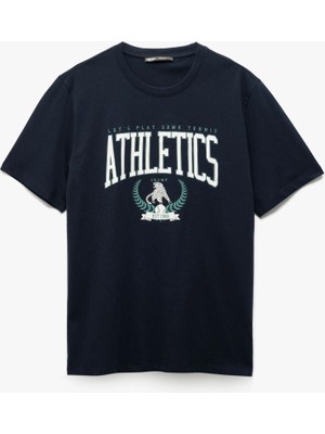 Pamuklu Kısa Kollu Regular Fit Bisiklet Yaka Kolej Baskılı Tişört