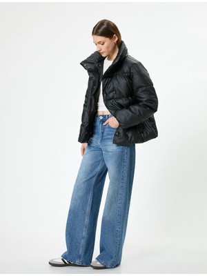 Koton Suni Deri Oversize Şişme Mont Cepli Dik Yaka Fermuarlı