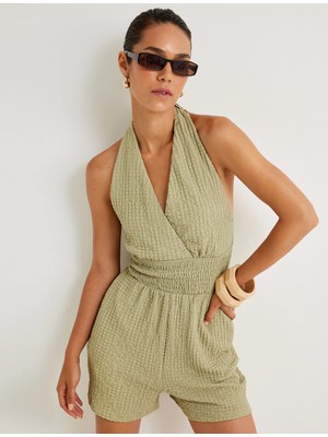 Koton Kruvaze Halter Yaka Mini Şort Tulum Dokulu Gipeli Boyundan Bağlamalı