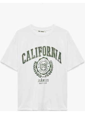 Koton Pamuklu Kısa Kollu Bisiklet Yaka Baskılı Oversize Tişört