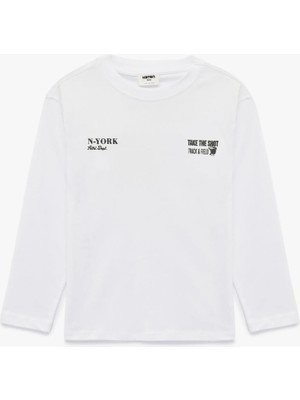 Koton Pamuklu Uzun Kollu Bisiklet Yaka Baskılı Oversize Tişört