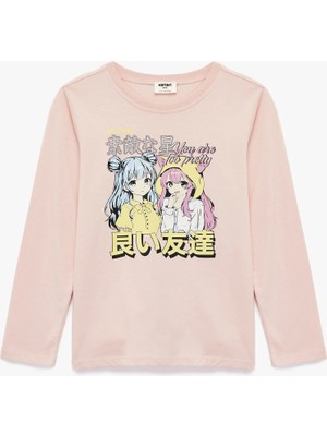 Koton Pamuklu Uzun Kollu Bisiklet Yaka Anime Baskılı Tişört